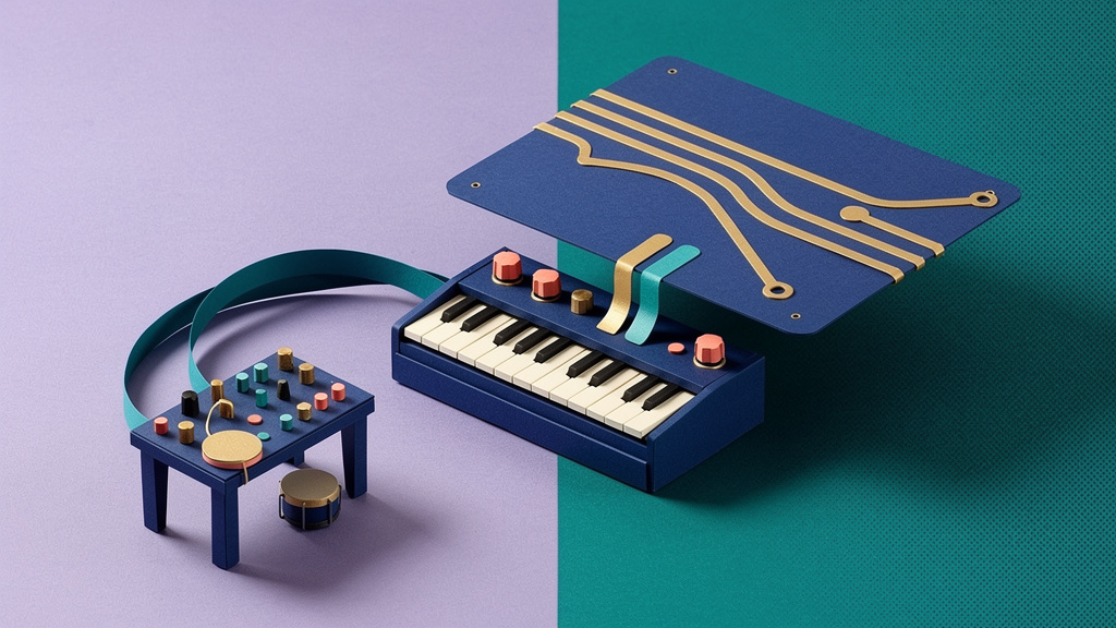 Dimensional paper synthesizer, drum module and a raised blank circuit board illustrate AI-assisted custom music-hardware firmware.