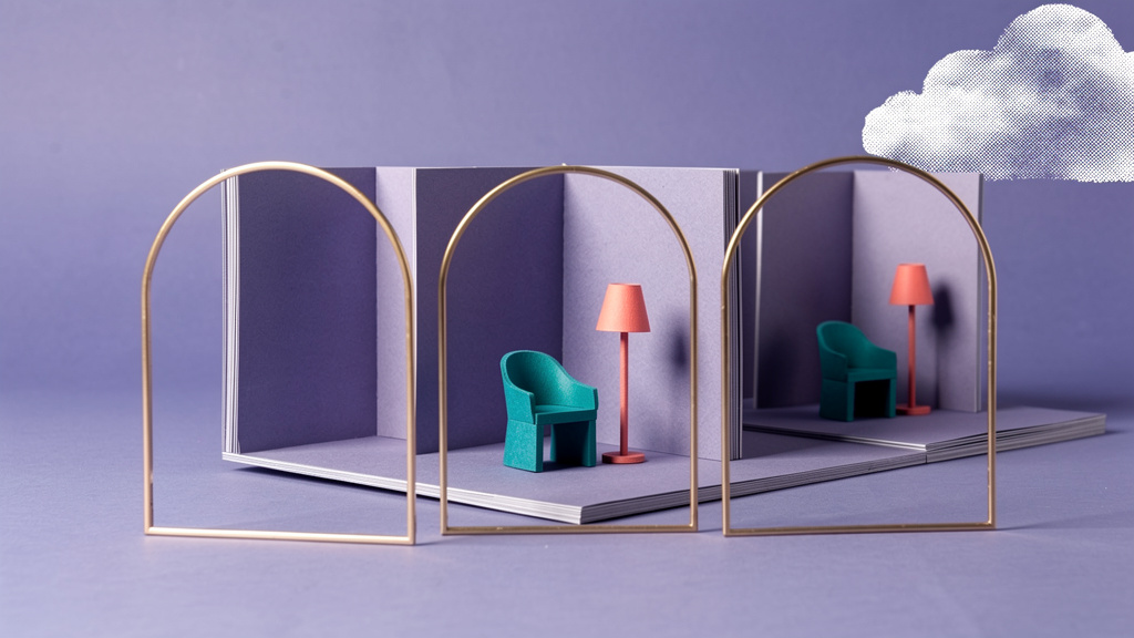 Three dimensional paper views of the same chair-and-lamp set illustrate staging multiple shots in 3D.
