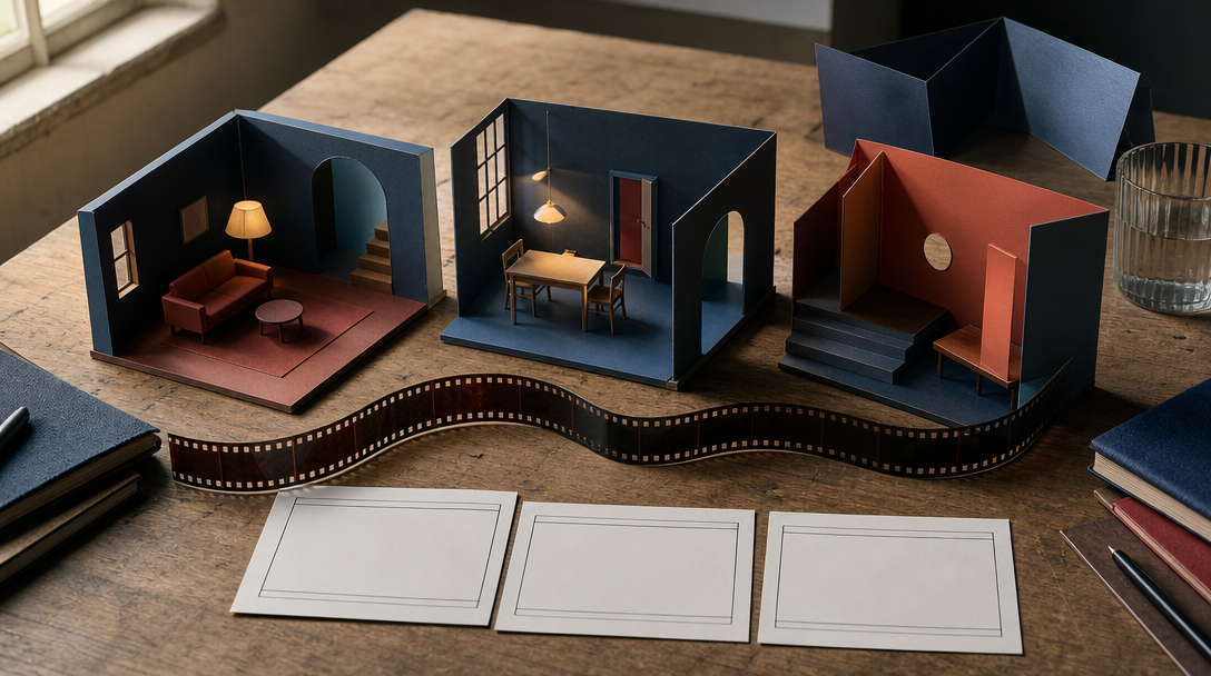 Three small physical film sets and a curved filmstrip on a studio tabletop illustrate multi-shot video planning.
