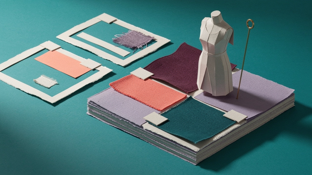 Layered fashion collage swatches and folded-paper dress form represent creative critique and visual judgment.