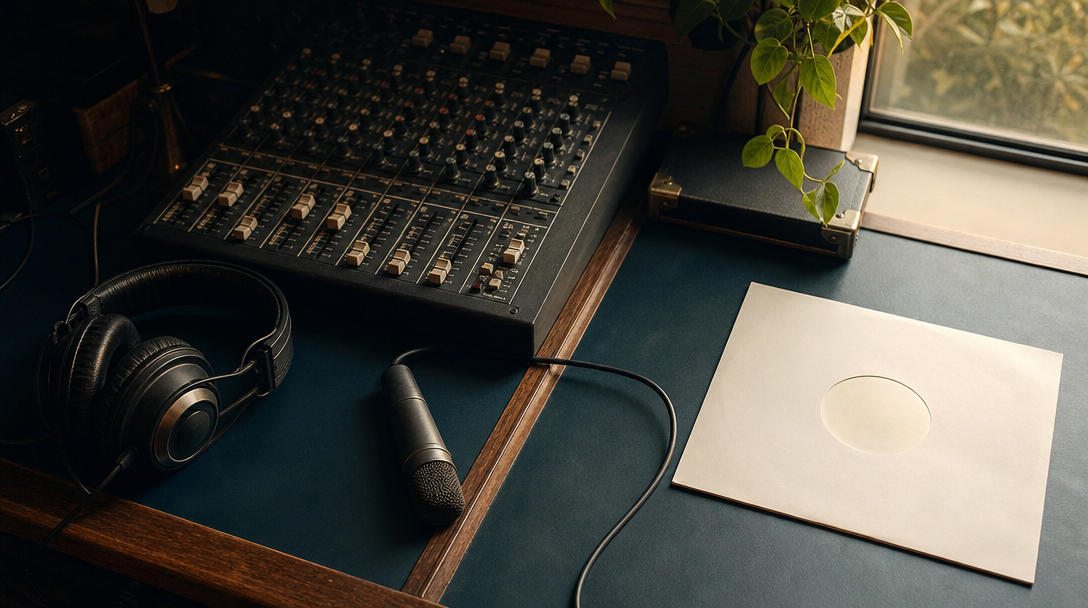 Analog music mixing console, headphones, microphone and an unmarked record sleeve in a naturally lit studio.