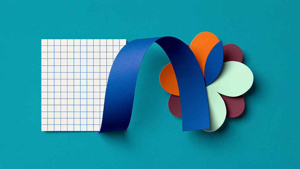 Pixel-grid paper transitions to layered curved color shapes, illustrating editable vector artwork.