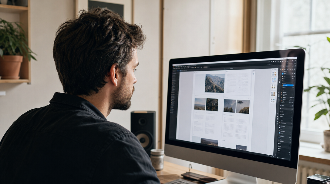 Editorial photograph of a designer reviewing a web page in a desktop design editor; contextual image, not a Framer product screenshot.