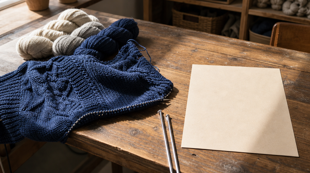 Indigo hand-knit fabric, yarn skeins and knitting needles on a sunlit maker’s worktable.