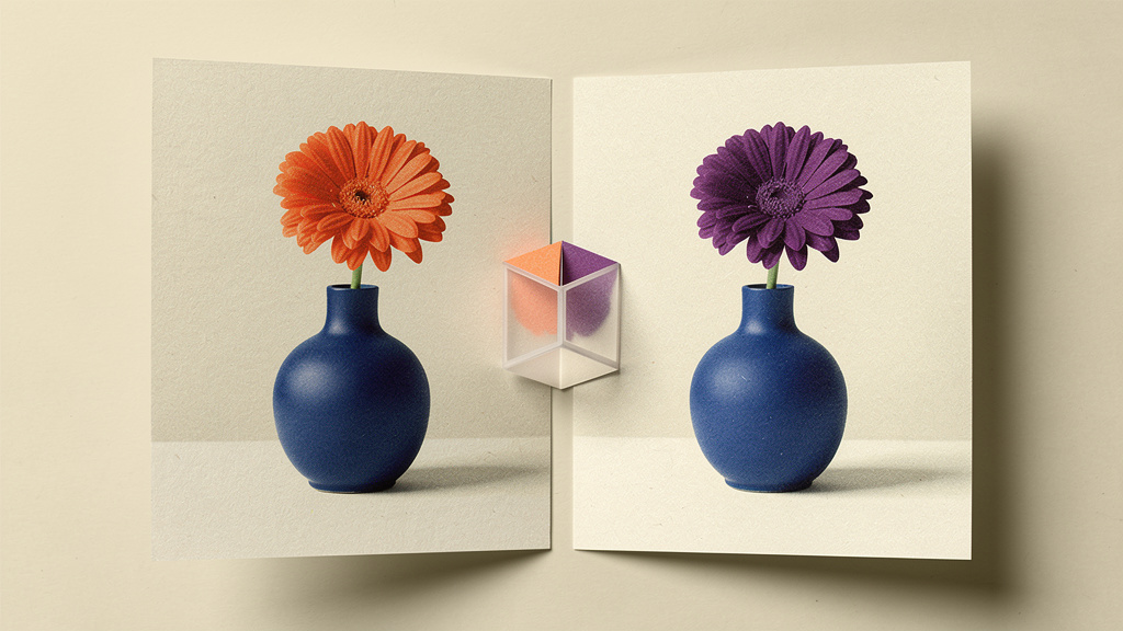 Two paper tiles show the same blue vase as a flower changes from orange to purple across one fold.