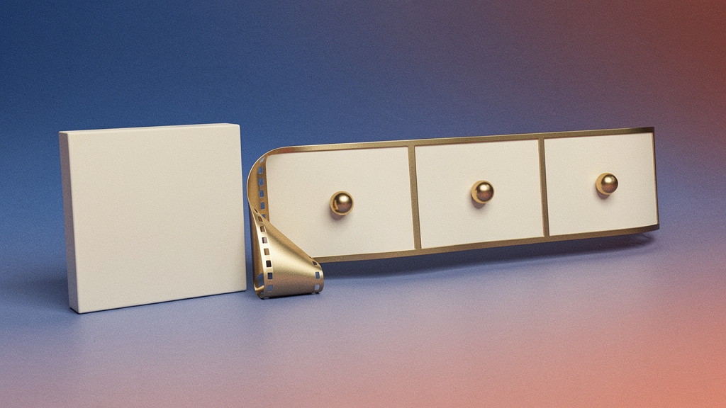 Blank paper input tile beside three tactile film-strip frames and brass spheres, a static illustration of video-creation iterations.