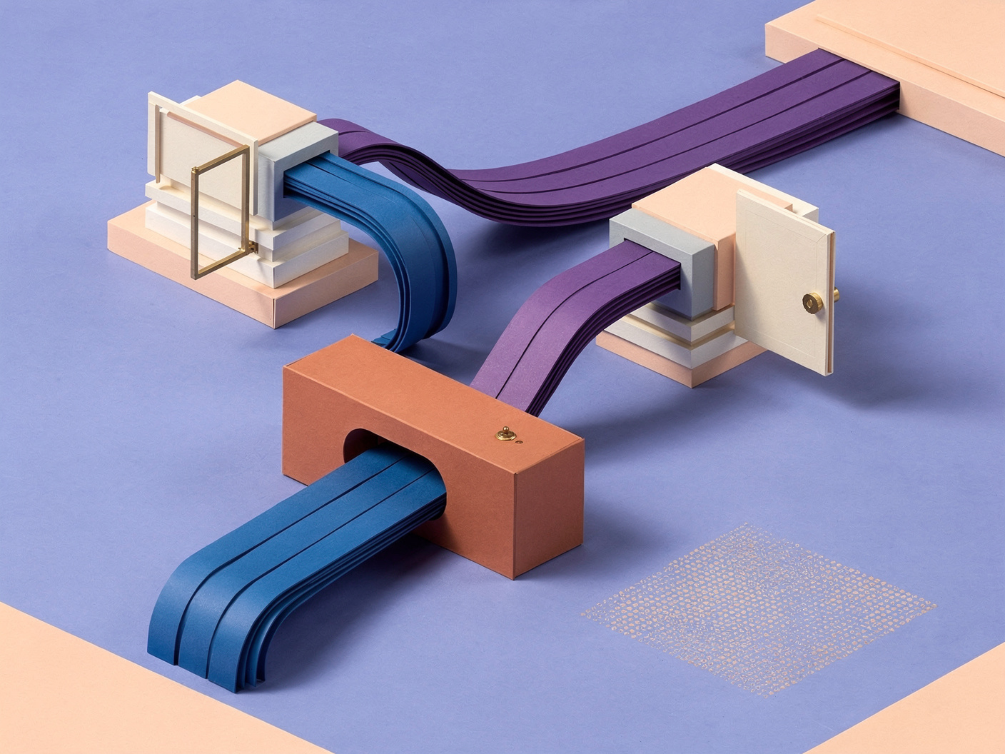 Cobalt and violet paper channels pass between a terracotta portal and separate pale control housings with different gates, on a periwinkle field.