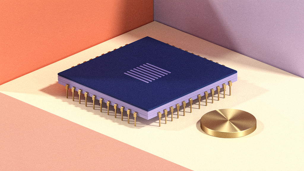 A small, coherent sculptural open chip wafer built from layered cobalt paper planes on a rose tabletop, with a freestanding brass investment disk beside it, expressing new capital for open-weight inference infrastructure.