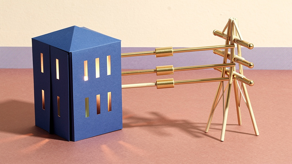 An elegant cream paper power-grid junction where a cobalt folded-paper data-center block waits beyond a narrow unconnected brass transmission segment.
