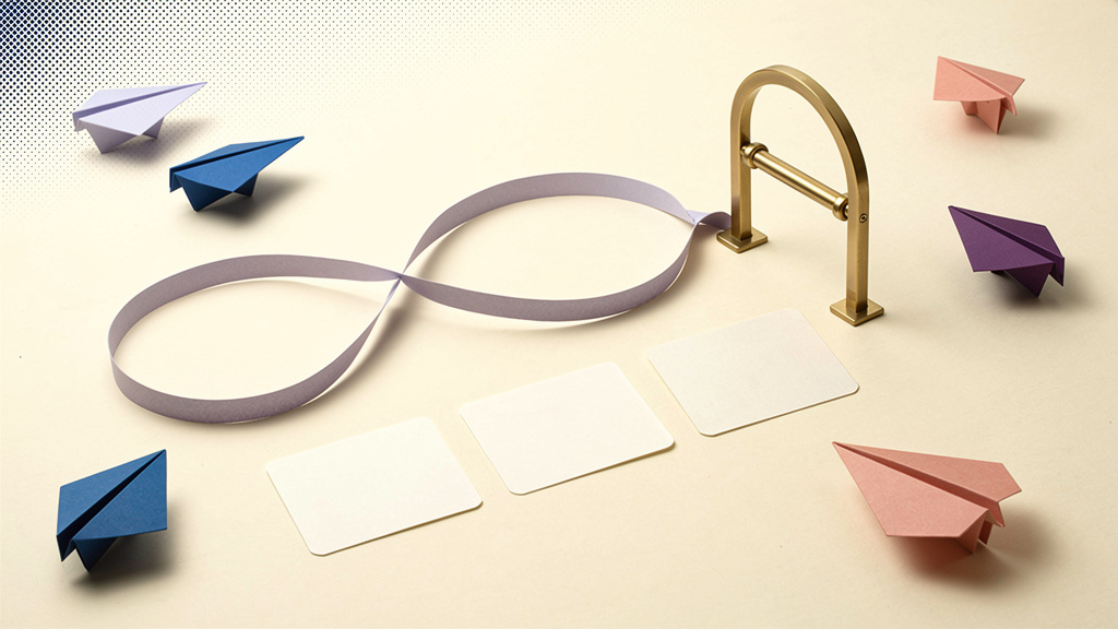 A violet paper loop links blank task cards with a brass gate, illustrating Claude Duet preview and approval.