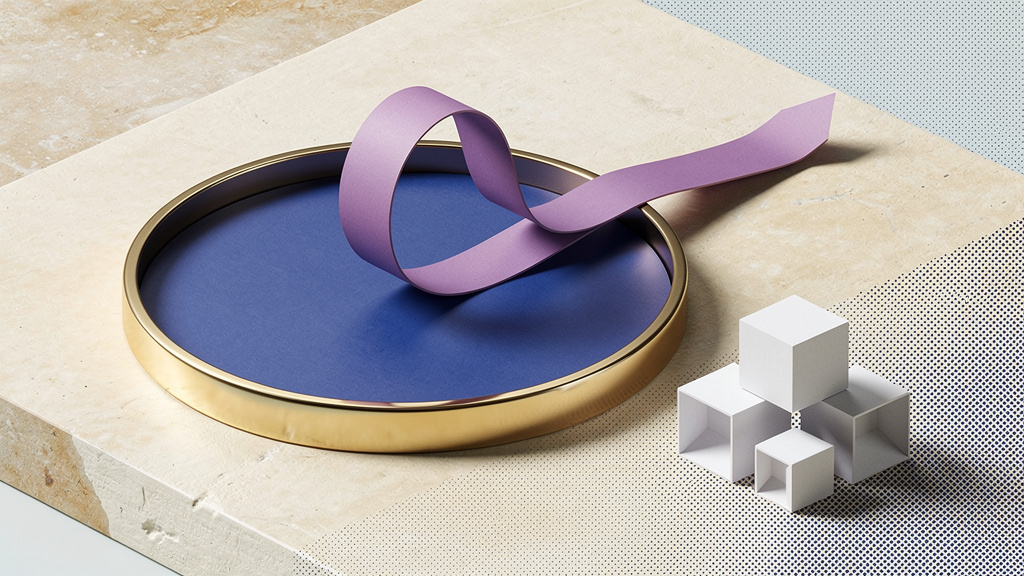 A violet folded-paper ribbon crosses the brass boundary of a blue evaluation arena toward a blank paper stack, a metaphor for the Mythos 5 assessment.