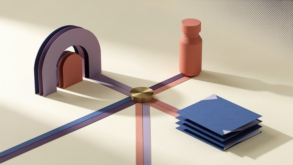 Three dimensional paper channels connect security, biosecurity and research symbols around a blank brass hub.