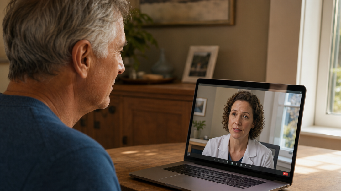 Representative man at home speaks with a clinician in a consulting room on an active laptop video call; both faces are visible.