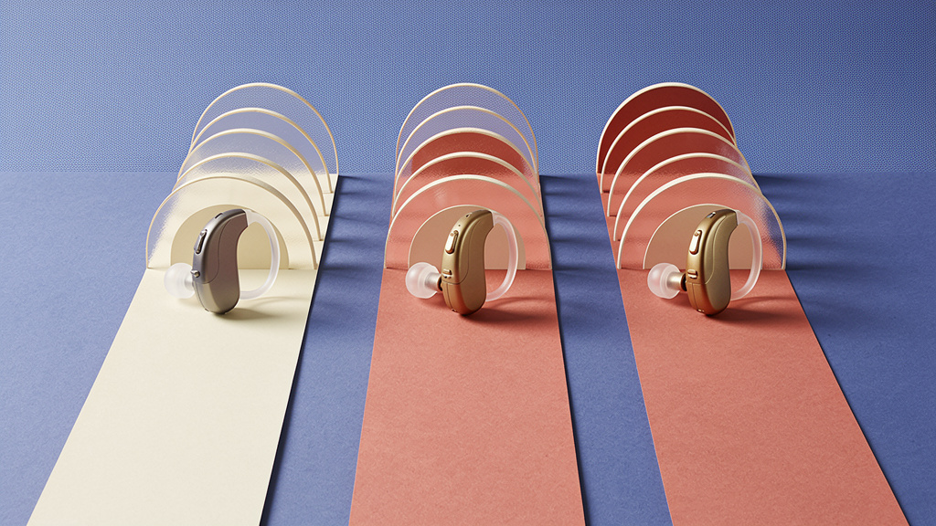 Three unbranded hearing aids on distinct paper paths with abstract sound arches, illustrating supported versus self-fitting care.