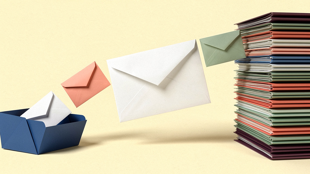 Blank folded-paper messages move from an orderly inbox toward an overloaded stack, illustrating secure-message workload.