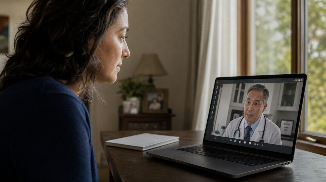 Contextual editorial photograph of a patient speaking with a clinician on an active laptop video call beside unreadable paperwork.