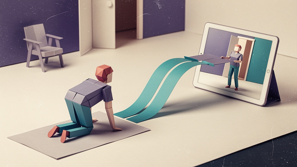 Dimensional paper illustration of a home rehabilitation exercise and remote practitioner, representing questions about patient suitability.