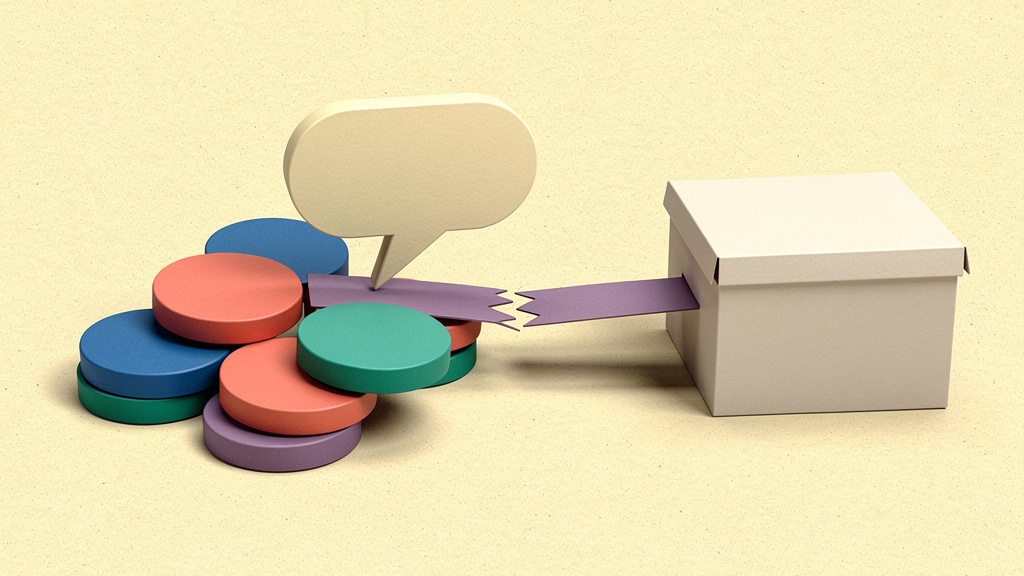 Blank patient and telecarer tokens meet a broken paper bridge before an unmarked record box, illustrating chatbot workflow barriers.