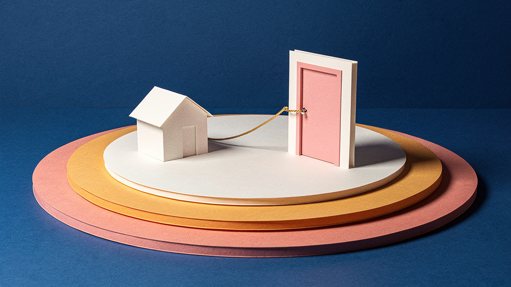 A small home and an unmarked clinic doorway connect across layered paper catchment rings.